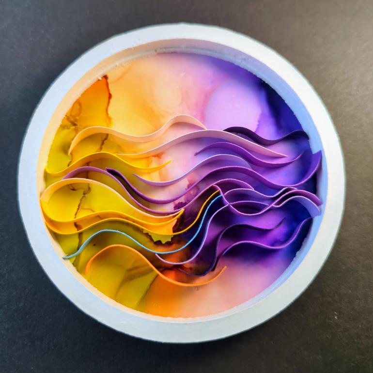 Alcohol Ink Magnet, 4 inch, Purple and yellow wavy, $35