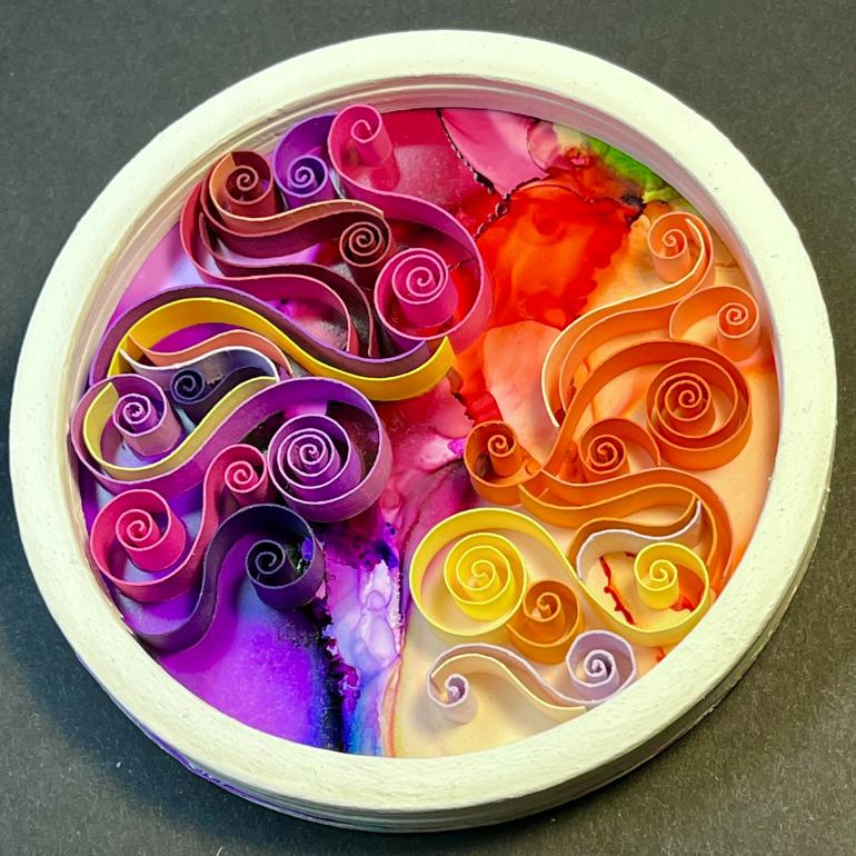 Alcohol Ink Magnet, 4 inch, Purple, Orange, and Red Waves and Spirals $35