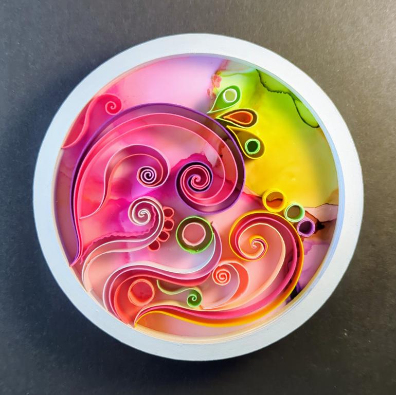 Alcohol Ink Magnet, 4 inch, Pink and Yellow Swirls, $35